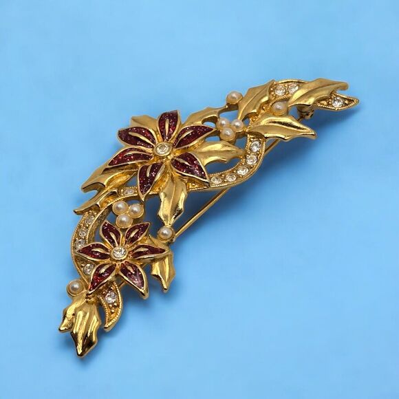 Holiday Gift Lovely Gold Tone Vintage Enamel Poinsettia Christmas Garland Brooch - Picture 4 of 11